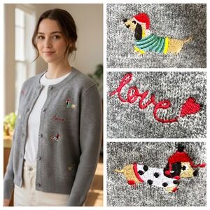 New Embroidered‎ Dog Cardigan Sweater Women Wool Grey Novelty Boxy M Knit NWT